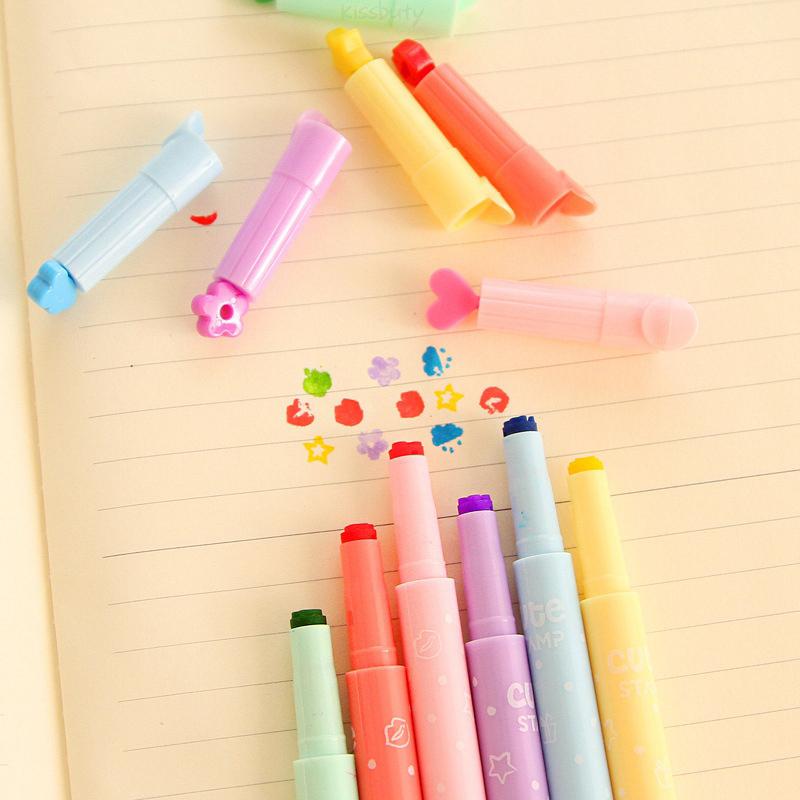 6Pcs/set Cute Candy Color Highlighters Pen Inks Creative Marker Stamp Fluorescent Pens School Supplies Office Stationery
