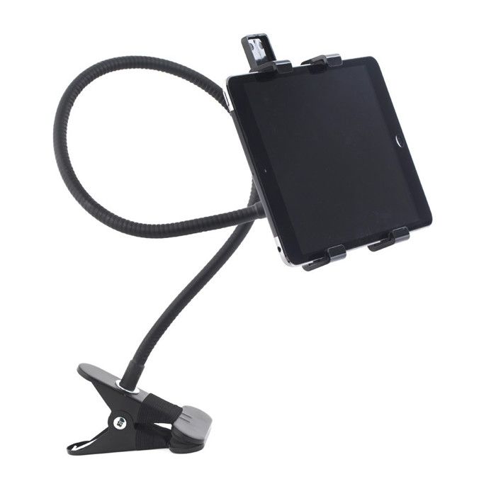 Flexible Tablet Holder - Black - Adjustable Support 13-20 Cm - Flexible Arm - Metal Clamp - Protective Foam