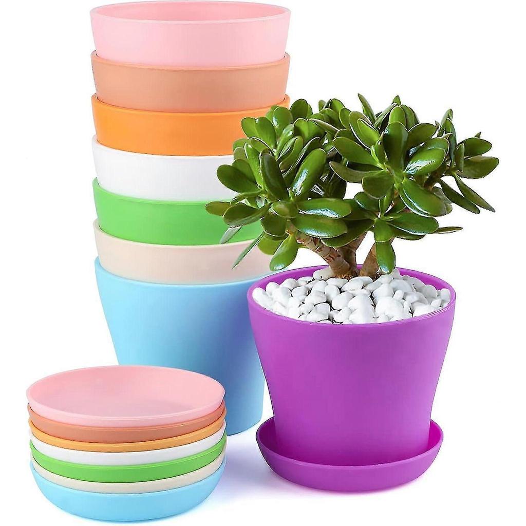 8 Pcs 10cm Small Colorful Plant Pots Plastic Flower Pots Indoor Plants Pots For Office Home With Pallet/trays, 8 Colors