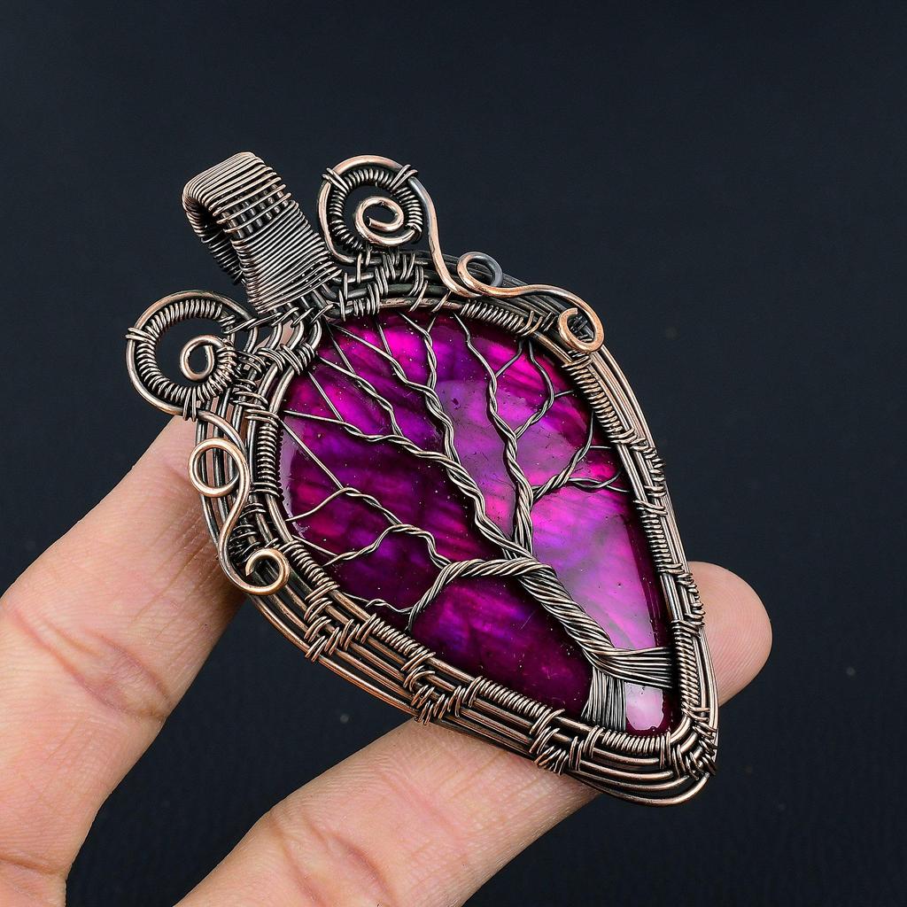 Tree Of Life Pink Flash Labradorite 999 Copper Wire Wrapped Jewelry, Handmade Beauteous Gemstone Jewelry Pendant For Women