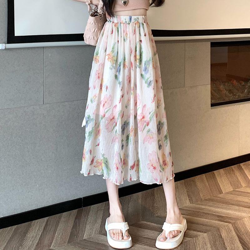 Юбка миди с цветочным принтом, женская летняя элегантная стильная юбка-трапеция с разрезом по низу и высокой талией