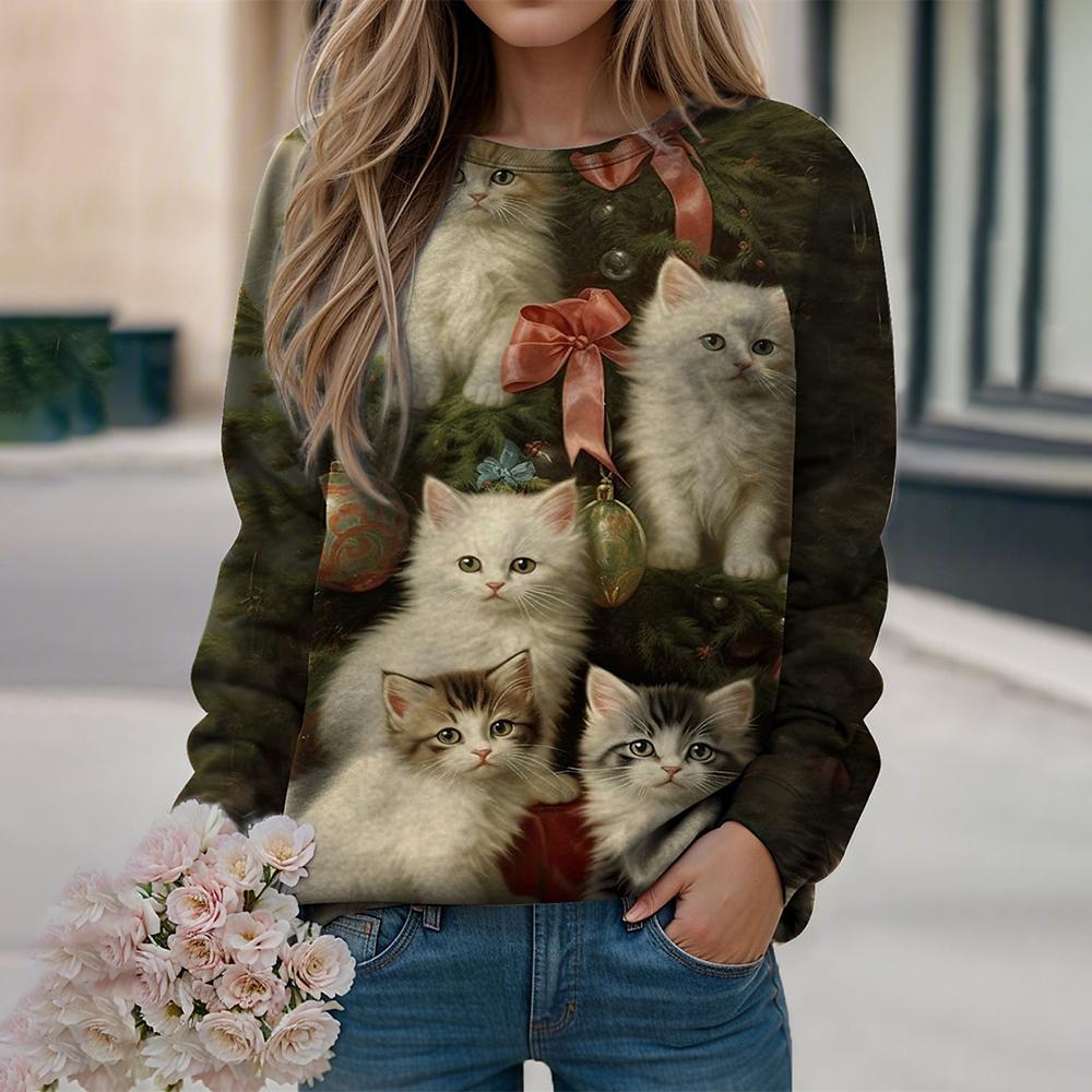 Толстовка с принтом «Кавайный кот», женская, с круглым вырезом, с длинным рукавом, пуловер, осенняя мода, повседневный свитер, женская одежда в стиле Харадзюку