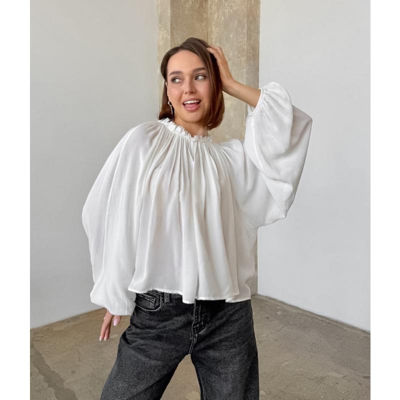 Women S Loose Fit Round Neck Lantern Sleeve Solid Color Shirt