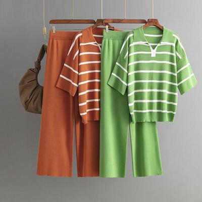 Осень-зима, свободный пуловер с высоким воротником, свитер, женский костюм в полоску, с половиной рукавом, вязаные широкие брюки, комплект из двух предметов