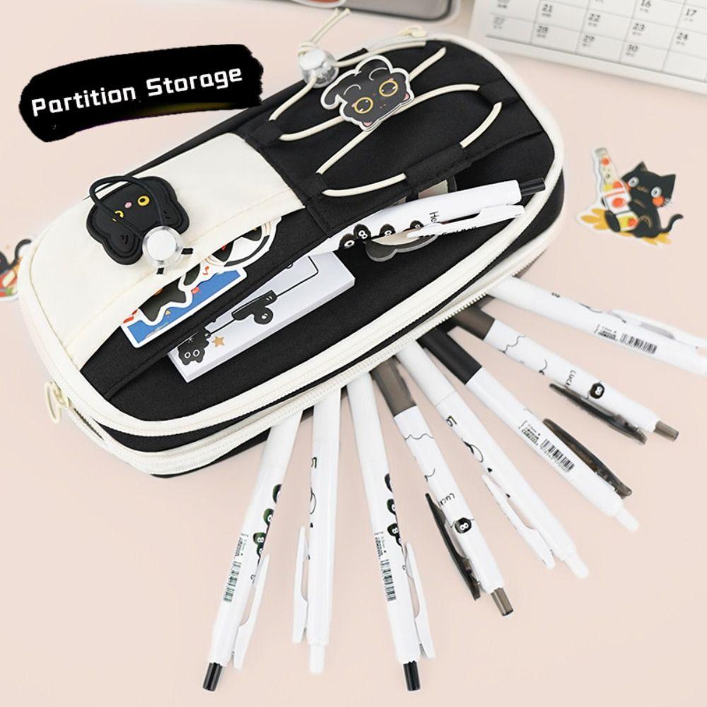 Black Cat Pen Bag Multi-layer Stationery Bag Cartoon Stationery Organizer Student Gift