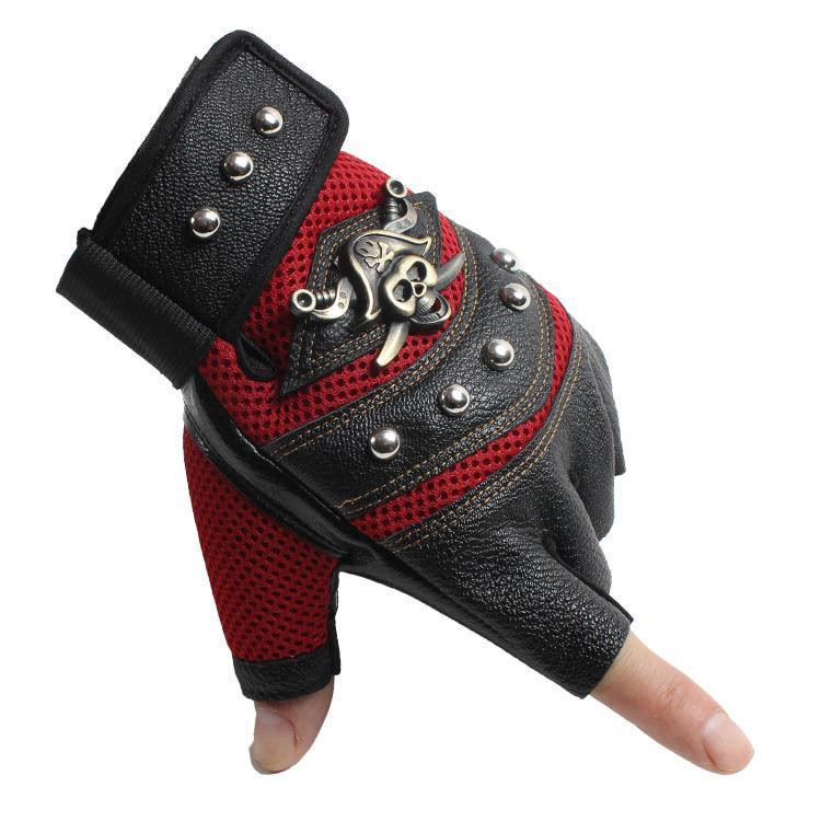 Мужские кожаные перчатки Pirate с полупальцами для езды на велосипеде и занятий спортом на открытом воздухе, с рисунком в виде черепа и заклепок.