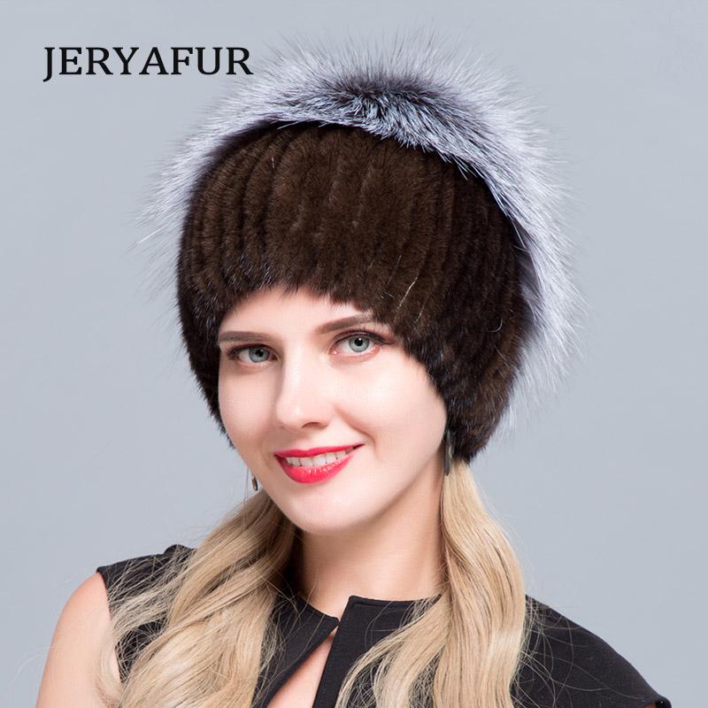 JERYAFUR Вязаная меховая шапка с подкладкой, меховая шапка из норки, меховая шапка из серебристого лисы, вязаная меховая шапка, зимняя женская лыжная шапка