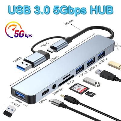 Док-станция типа C 8 в 2, USB-разветвитель, адаптер USB C-концентратор, высокоскоростная передача 5 Гбит/с, USB 3.0 2.0 3.5, аудиоразъем, устройство чтения карт SD/TF, OTG-адаптер