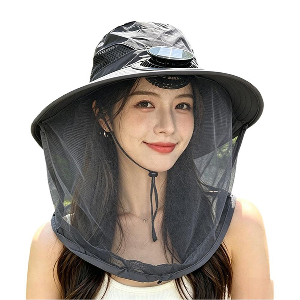 Convenient With Net Mesh Mosquito Head Net Hat Foldable Breathable Solar Fan Hat Cooling Quick-Drying Fishing Bucket Hat Hiking