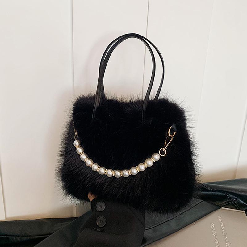 Hairy Handbag Pearl Chain Plush Small Square Bag For Women Fashion Elegant Shoulder Crossbody Bag Autumn Winter Versatile Totes