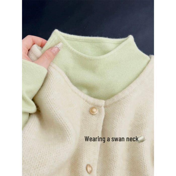 Olive Green Women's Slimming Knit Sweater - Autumn/Winter Half-High Neck Base Layer