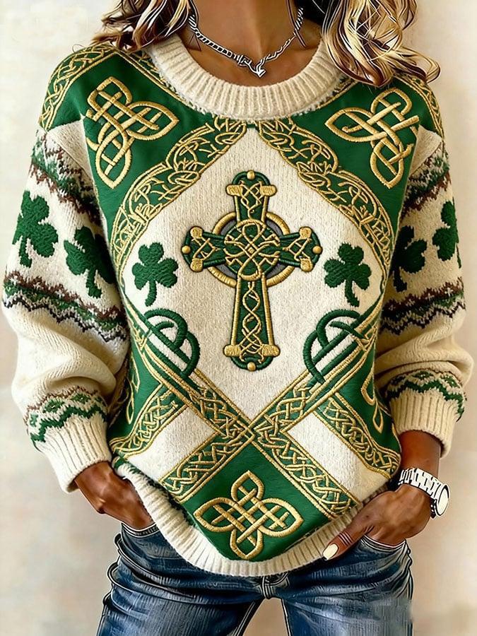 European and American real sweater printed retro Fair Island knitted sweater Saint Pat Festival clover crew neck autumn and winter new models