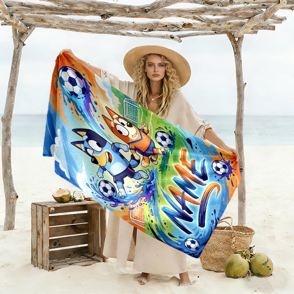 Soccer Fun Blue Customized Name Beach Towel Quick-Dry Soft Microfiber