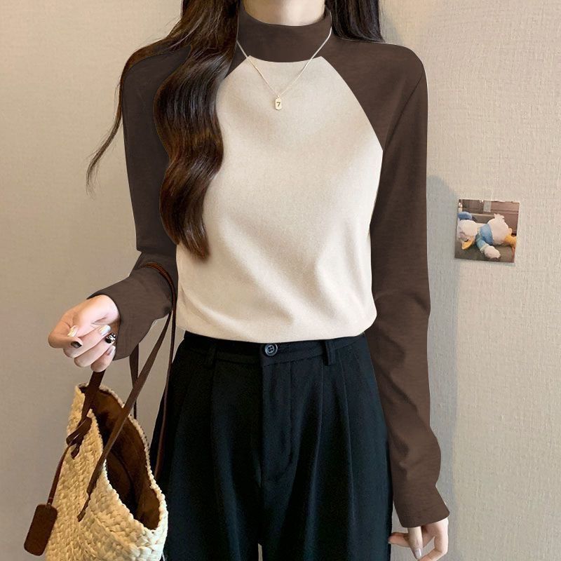 Осень Зима Новые Футболки Женские Футболки Имитация Нерка Контрастный Цвет Пэчворк Мода Повседневный Молодежный Длинный Рукав Теплые Базовые Топы