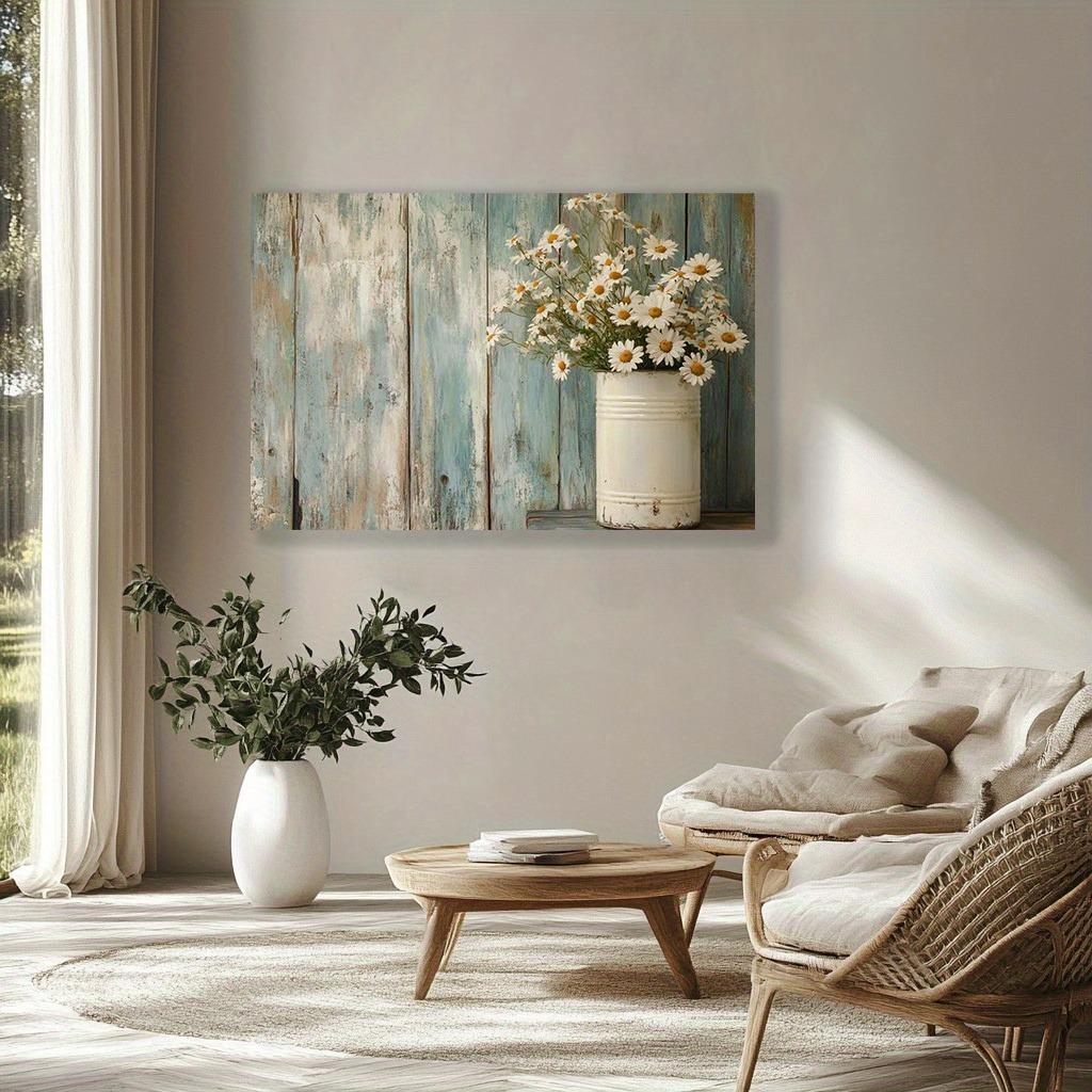 Винтажная ромашка на холсте с художественной печатью Современные цветы Настенный декор для дома, офиса или ванной комнаты, идеально подходит для декора комнаты