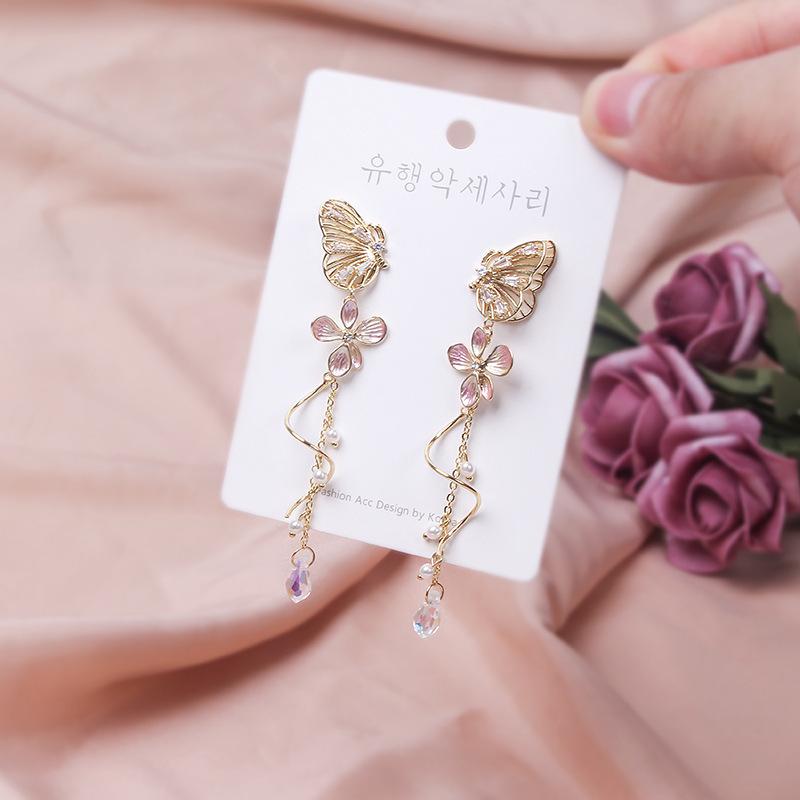 Korean Elegant Flower Butterfly Earrings For Women Exquisite Crystal Zircon Long Tassel Drop Earrings Girls Temperament Jewelry