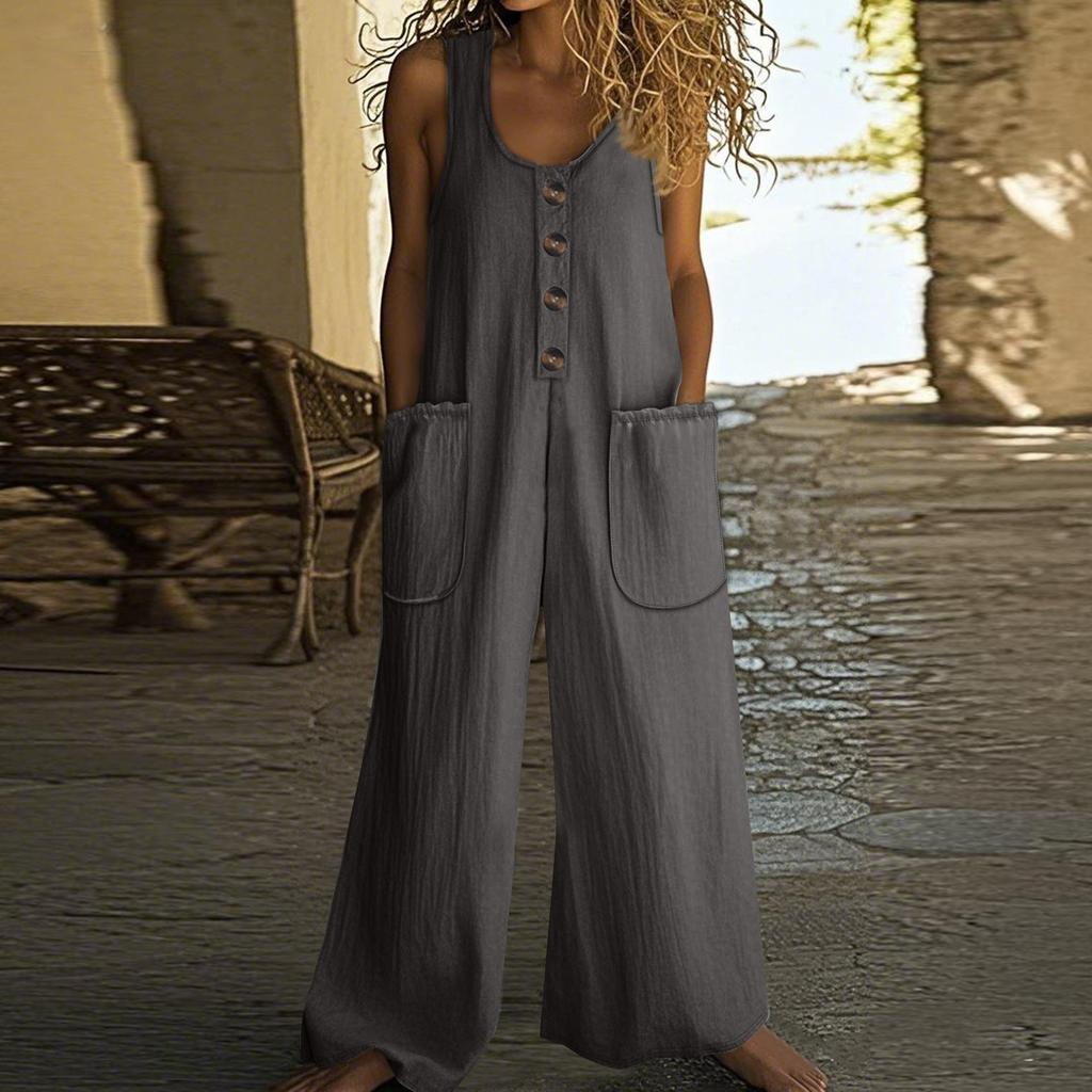 Women's Fashion Casual Button-down Sleeveless Jumpsuit Solid Color Cotton Pocket Jumpsuit