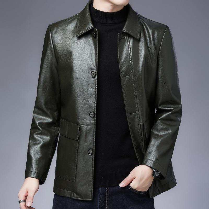 Осенняя новая мужская кожаная куртка, простая и универсальная, из тонкого бархата, однотонная, с лацканами, мужская кожаная куртка для мужчин среднего возраста