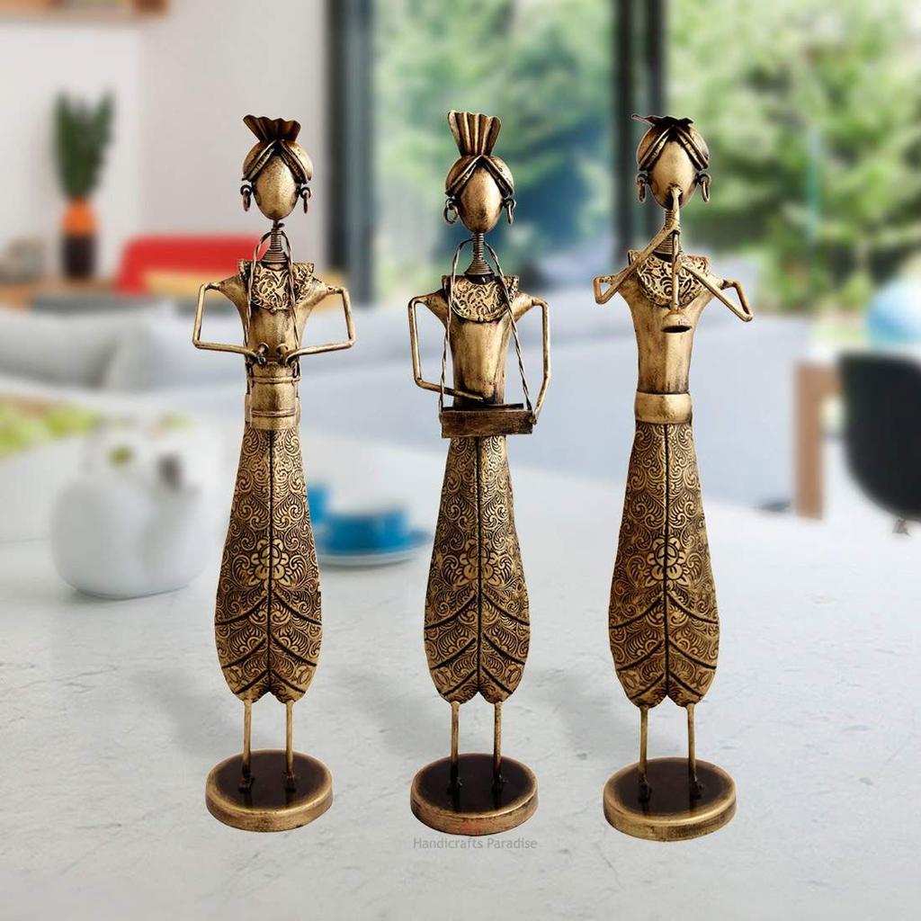 Wrought Iron Antique Musical Doll Set Handmade Decorative Gift Item Showpiece for Home Decor, Multicolour, 21 Inch, 3 Piece