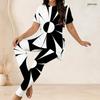 Women Plus Size Two Piece Set Round Neck Short Sleeve Printed Black White Long Top Fitted Pants