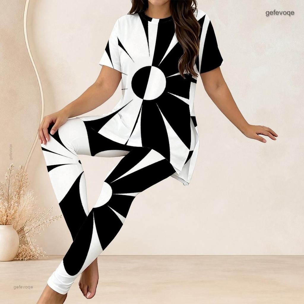 Women Plus Size Two Piece Set Round Neck Short Sleeve Printed Black White Long Top Fitted Pants
