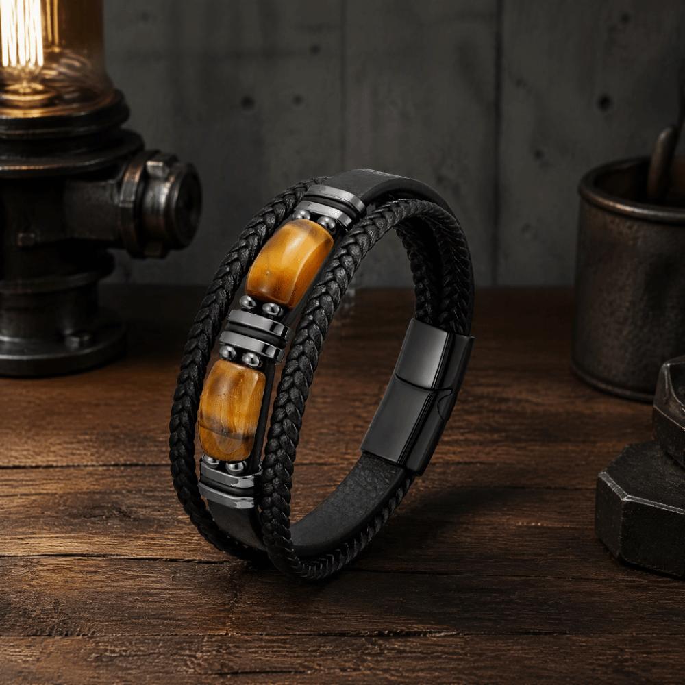 Hand-woven Tiger Eye Stone Bracelet Multi-Layer Beaded Bracelet Braided Leather Bracelet Men