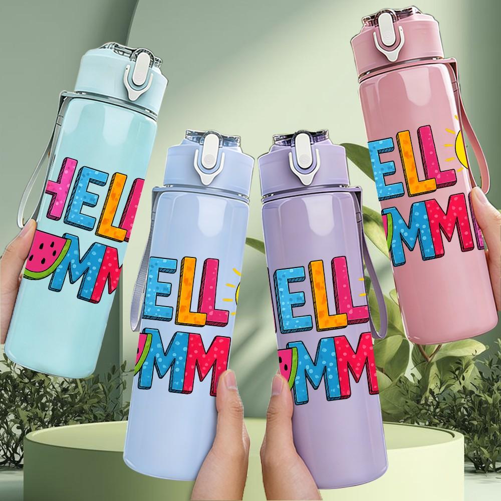 1PC Hello Summer Sun Letter 750ml Color Plastic Sports Water Bottle Leakproof Flip Straw Lid Suitable for Sports Office Home Use