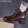 Кожаные женские ботильоны на шнуровке, дизайнерские туфли на среднем каблуке 2025 года, трендовые ретро-туфли на толстой подошве, классические оксфордские туфли, зимние ботинки Botas De Mujer