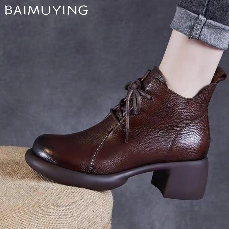 Кожаные женские ботильоны на шнуровке, дизайнерские туфли на среднем каблуке 2025 года, трендовые ретро-туфли на толстой подошве, классические оксфордские туфли, зимние ботинки Botas De Mujer