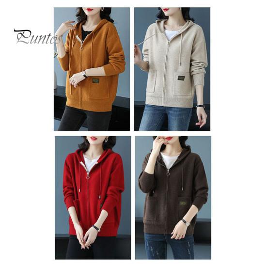 Осень-зима Женское пальто с капюшоном, завязками, длинными рукавами, карманами, плотный, сохраняющий тепло, однотонный кардиган на молнии, повседневная трикотажная куртка