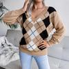 New Diamond Checkered Casual Versatile V-neck Sweater for Girls