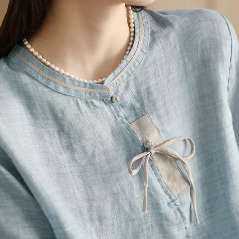 Johnature Women Vintage Shirts Tops Stand Half Sleeve Blouses Summer Button Chinese Style Loose Shirts