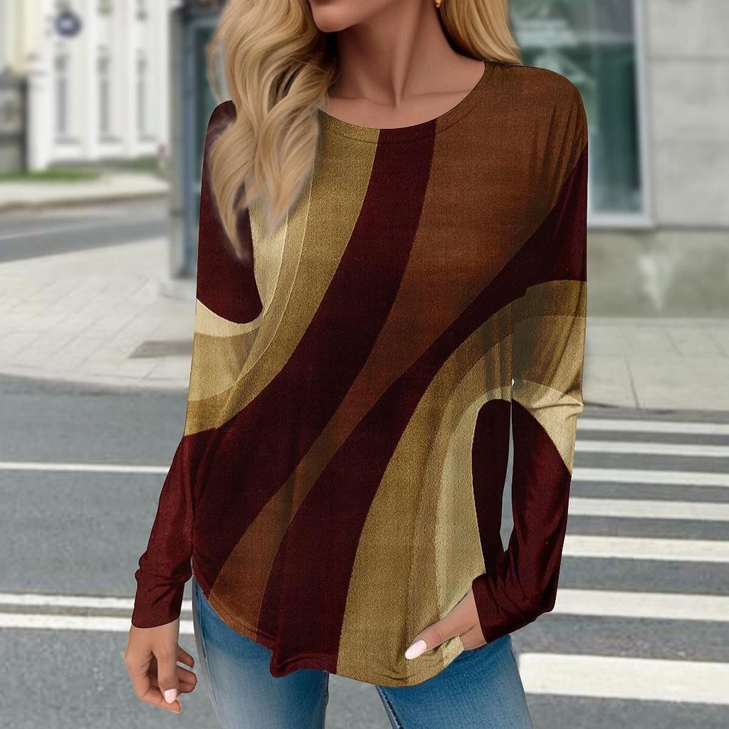 Women Geometric Print Winter Cotton T Shirt Contrast Vintage Long Sleeve Printed Loose Shirts Top Spring Autumn Elegant Lady Tee