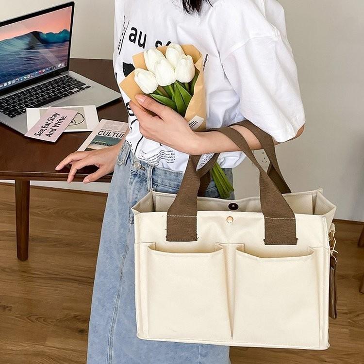 Stylish Canvas Tote Bag For Women In Cream Color With Multi Pocket Design For Everyday Use