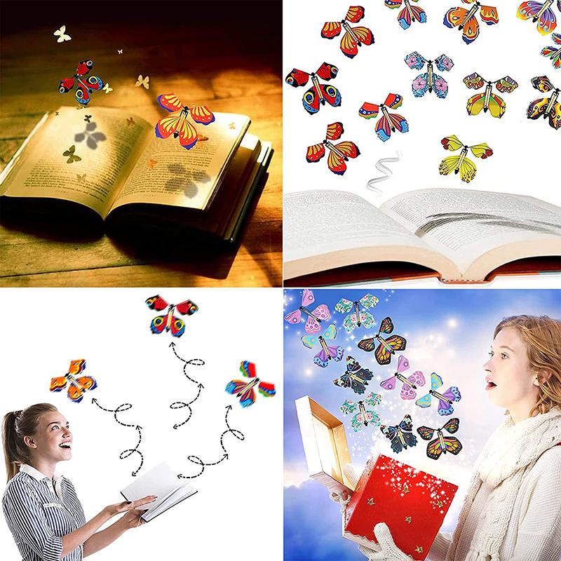 10Pcs Magic Flying Butterflies Wind Up Toy In The Sky Bookmark Greeting Cards Rubber Band Powered Kids Magic Props Surpris Gift