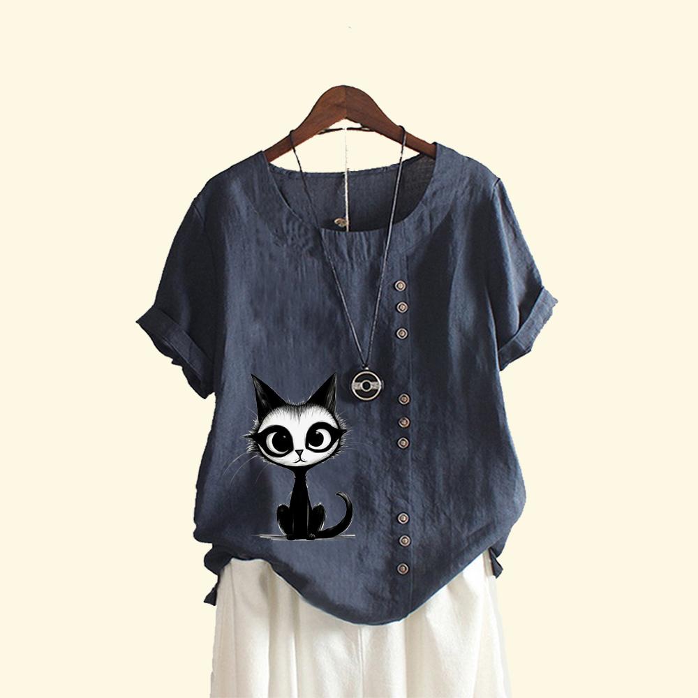 Женская свободная льняная блузка-пуловер, женская повседневная футболка с круглым вырезом и принтом кота, летняя модная футболка с коротким рукавом