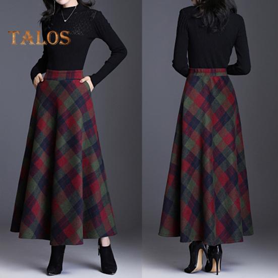 Женская шерстяная юбка с высокой талией и клетчатым принтом, юбка-трапеция, осень-зима, утолщенная юбка с большим подолом, повседневная одежда