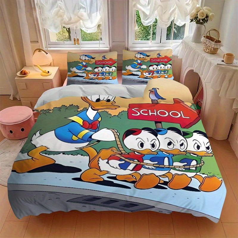 3pcs Cartoon Donald Duck Family Adventure Bedding Set, Including 1 Quilt Cover and 2 Pillow Shams, Without Filling, Soft and Comfortable Home Bed