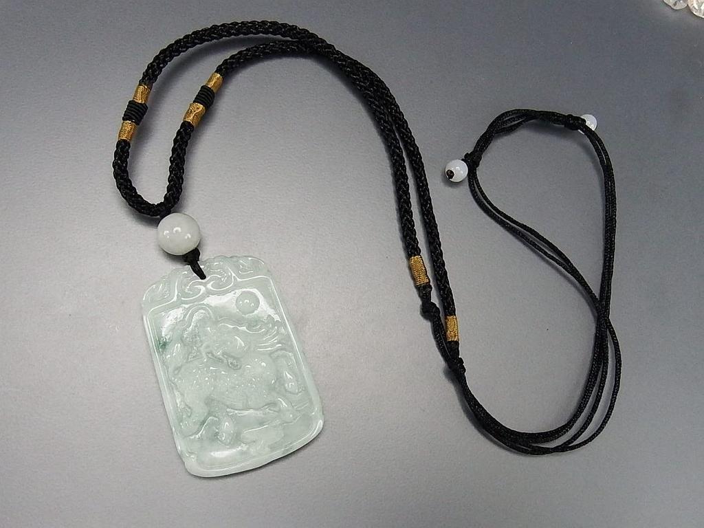 Ishigai Good Luck Samurai Amulet Kirin Hand Carved Jade Pendant Necklace Natural Stone