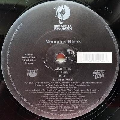 12-дюймовая пластинка MEMPHIS BLEEK - Like That B000377611 Roc-A-Fella Rec 2005 US Рэп и хип-хоп/R&B Б/У