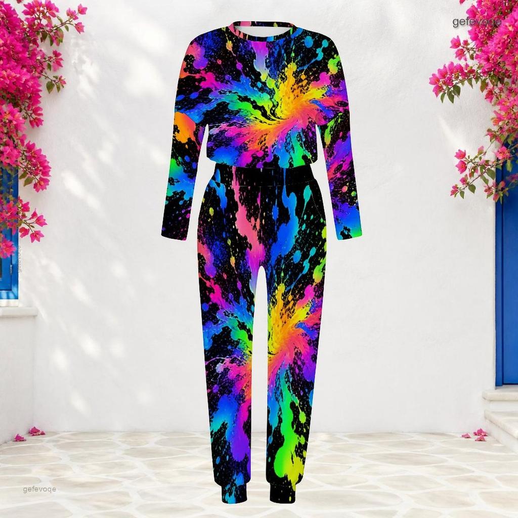 Women Plus Size Multicolor Printed Round Neck Long Sleeve Cuffed Top Cuffed Pants Two Piece Set