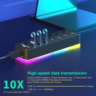 Док-станция для ноутбука USB 7 в 1, многопортовый USB 3.0, независимый переключатель, порт питания RGB, высокоскоростной адаптер USB-концентратора, компьютерные аксессуары