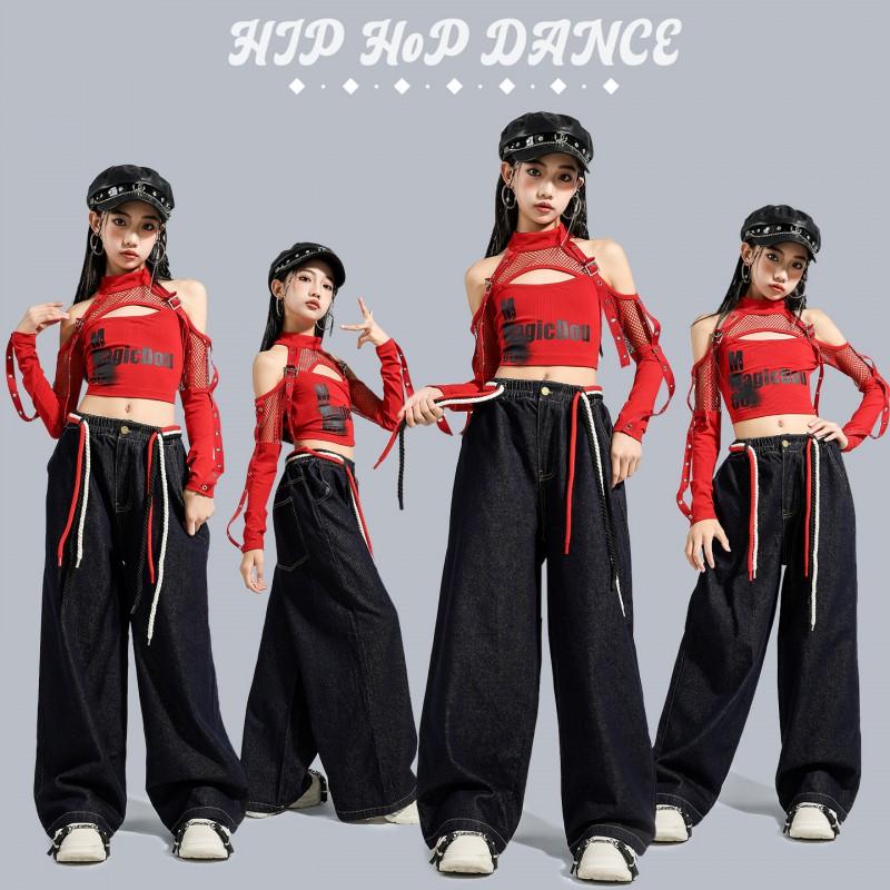 Girls Jazz Dance Outfit Set Hip Hop Streetwear Crop Top Denim Pants Performance Costume Teen Dancers