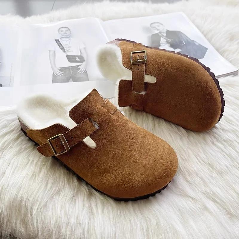 Fashion Comfortable Fur Classic Clogs for Women Winter New Fashion Cork Insole Plush Slipper with Arch Support Cozy Furry Suede Shoes