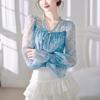 French Ruffled Blue Floral Chiffon Blouse Women's Spring Unique Super Cute Tie-Up Small Top