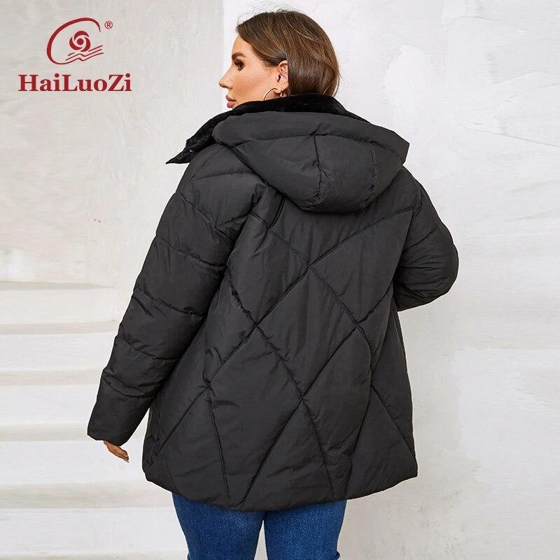 HaiLuoZi 2023 Новая женская зимняя куртка больших размеров с меховым капюшоном, толстая женская верхняя одежда с наклонным карманом, высококачественное женское пальто 1167