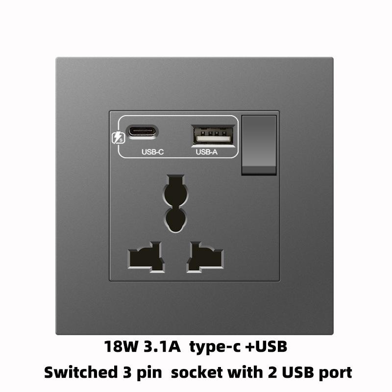 Британский стандарт Серая панель 86 Розетка 13A с быстрой зарядкой USB-C для Гонконга и Макао