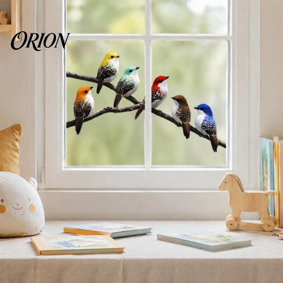 Стеклянная наклейка на окно с птицами на ветке, Декоративная статическая наклейка с разноцветными птицами, Легко устанавливаемая, Водонепроницаемая, Снимаемая, Животная статика для