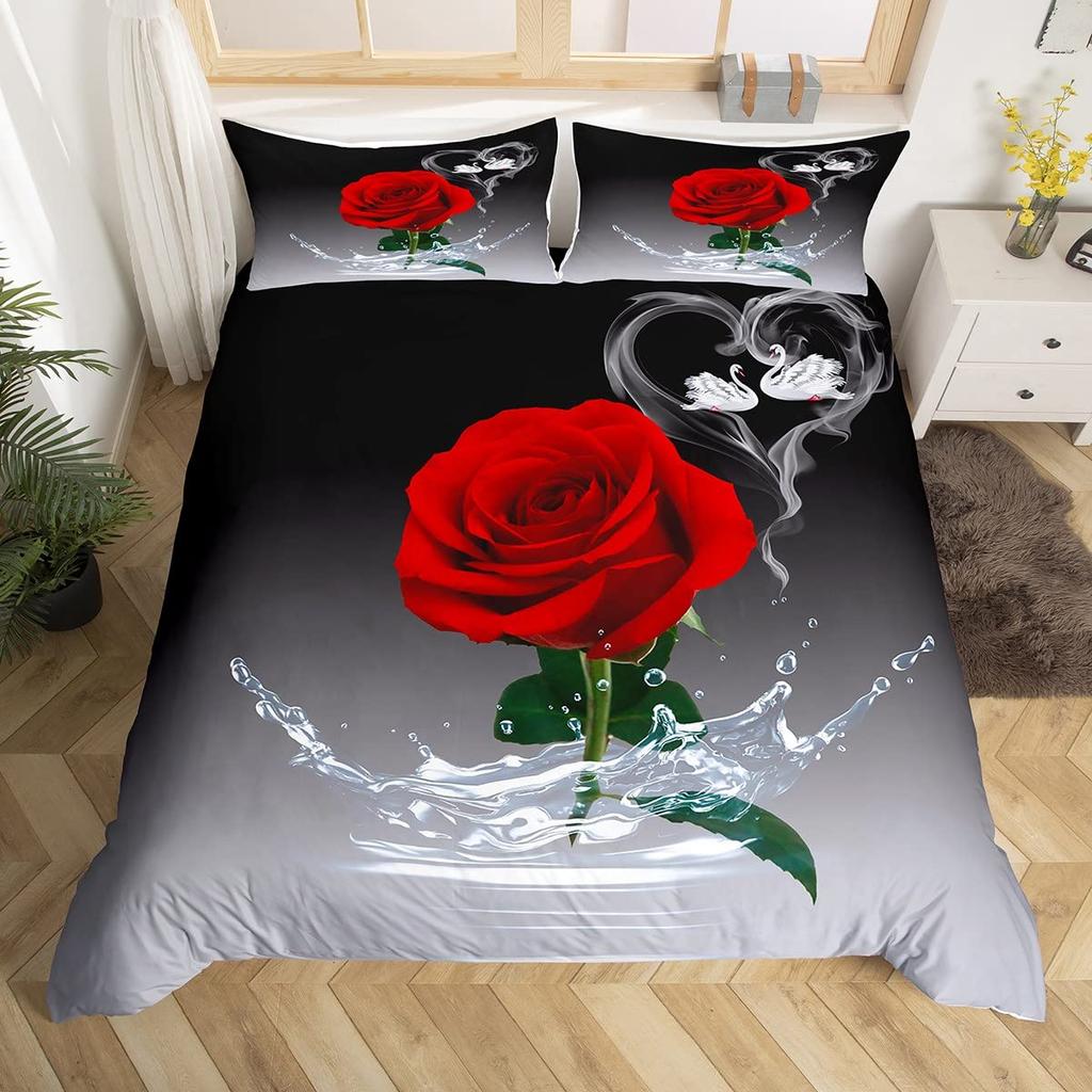 Romantic Swan Duvet Cover Set King Wild Animal Comforter Cover Butterfly Floral Bedding Set For Valentine's Day Wedding Decor