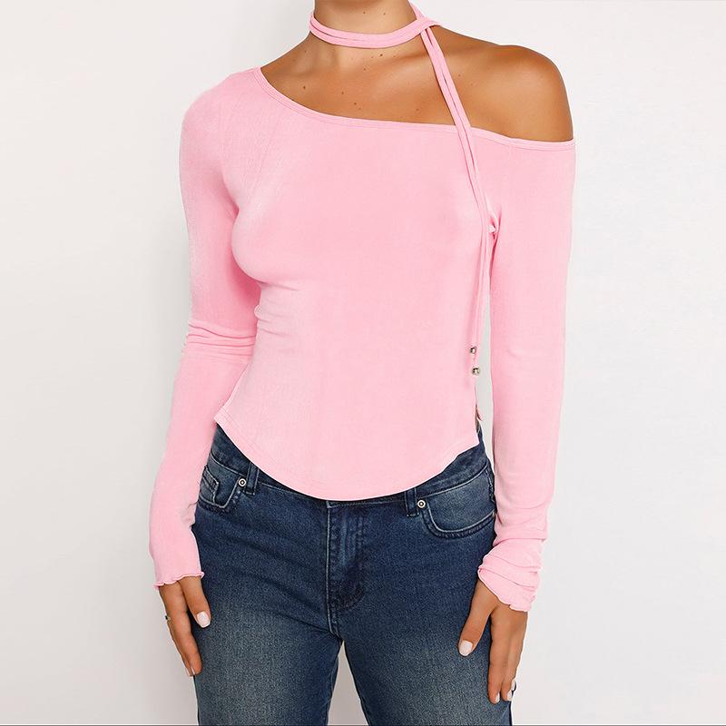 Sexy One Shoulder T Shirt Long Sleeved Women Diagonal Collar Long Sleeve Tshirt Slim Fit Casual Basic Solid Bodycon Tees Tops
